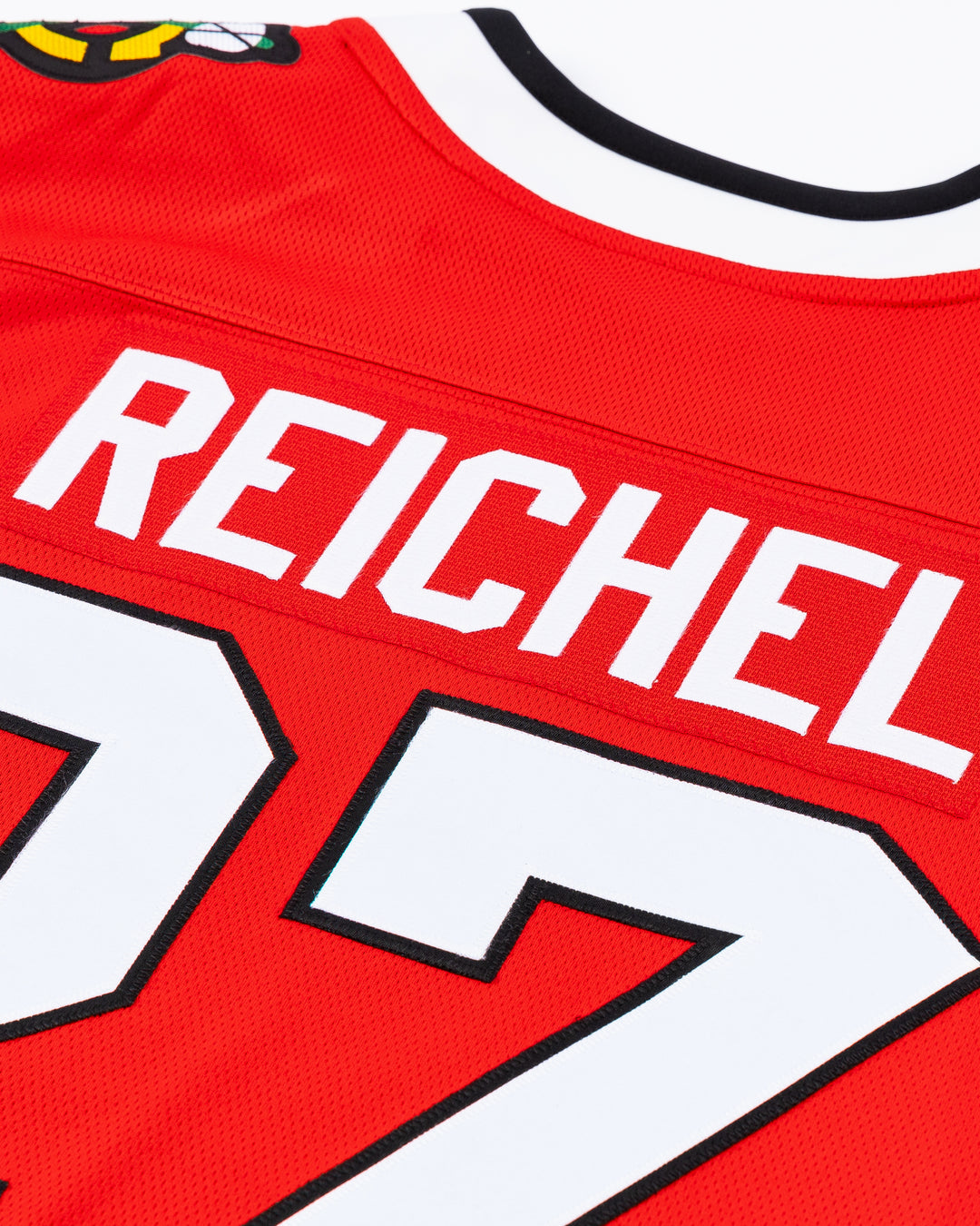 red Fanatics Chicago Blackhawks jersey with Lukas Reichel stitched name and number - back detail  lay flat