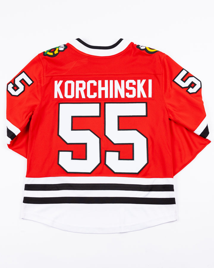 red Fanatics Chicago Blackhawks jersey with stitched Kevin Korchinski name and number - back lay flat