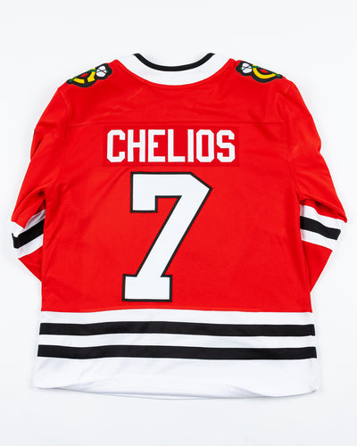 red Fanatics Chicago Blackhawks hockey jersey with stitched Chris Chelios name and number - back lay flat