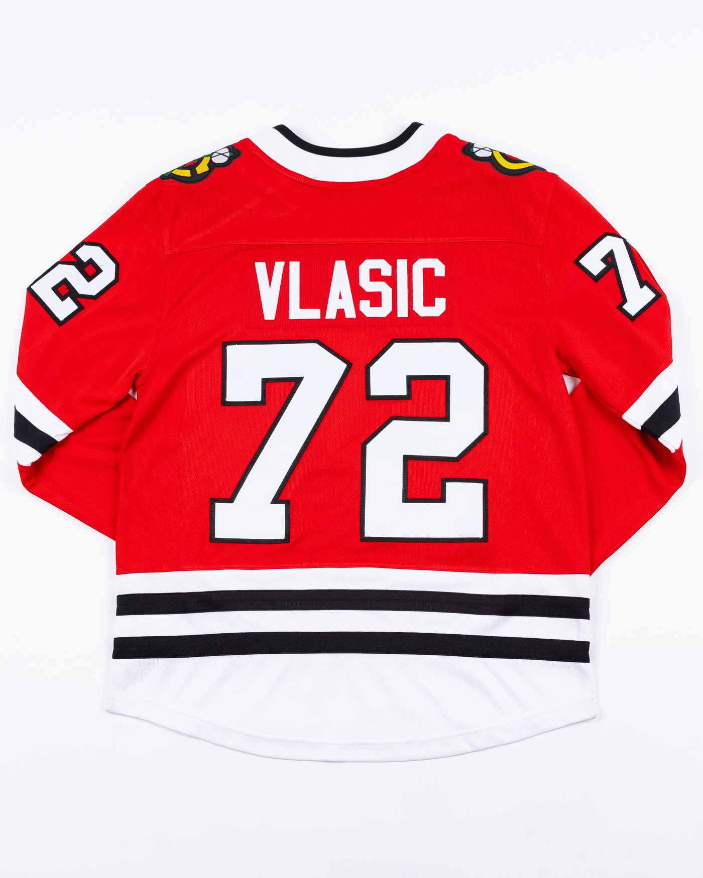 red Fanatics hockey jersey with stitched Alex Vlasic name and number - back lay flat