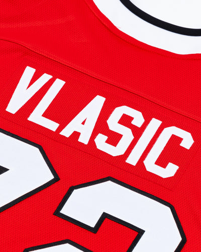 red Fanatics hockey jersey with stitched Alex Vlasic name and number - back detail lay flat