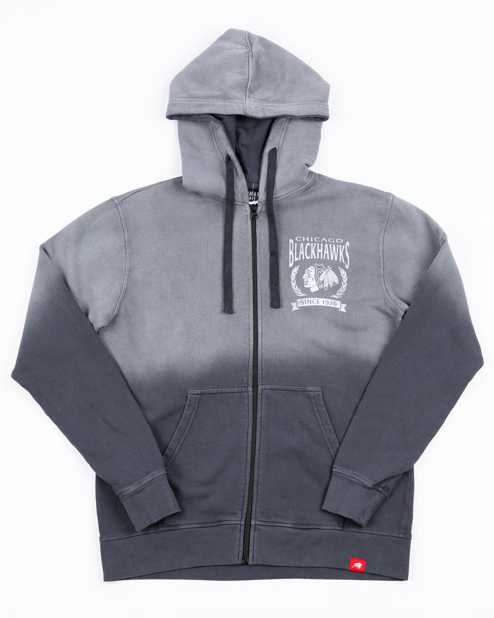 grey sun-dipped Sportiqe full zip hoodie with Chicago Blackhawks graphic on left chest - front lay flat