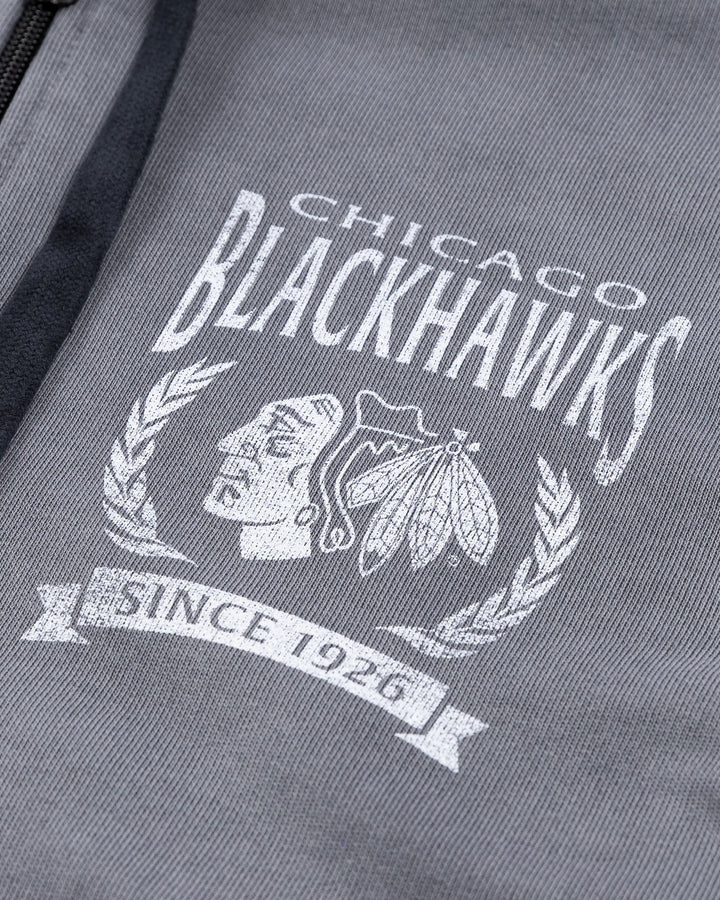 grey sun-dipped Sportiqe full zip hoodie with Chicago Blackhawks graphic on left chest - detail lay flat