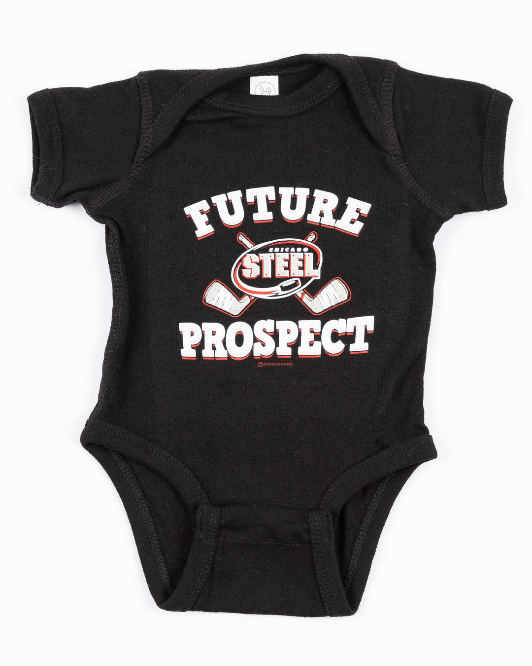 black Chicago Steel onesie with Future Prospect wordmark graphic - front lay flat