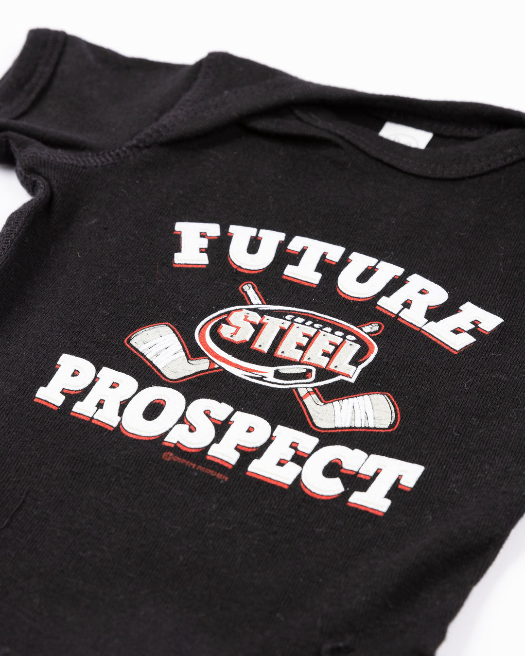 black Chicago Steel onesie with Future Prospect wordmark graphic - detail lay flat