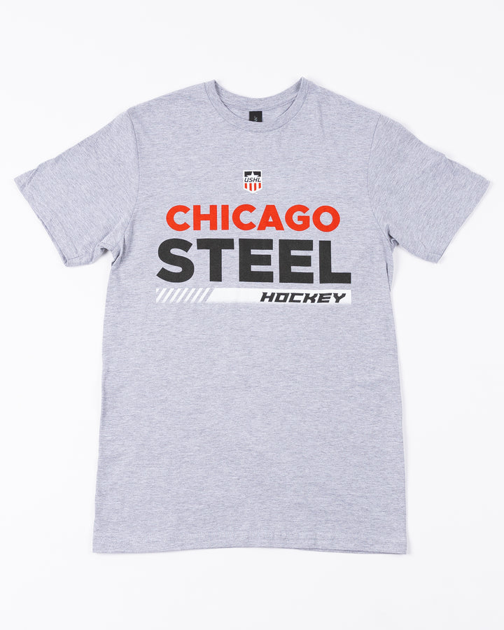 grey short sleeve tee with Chicago Steel Hockey wordmark graphic across front - front lay flat