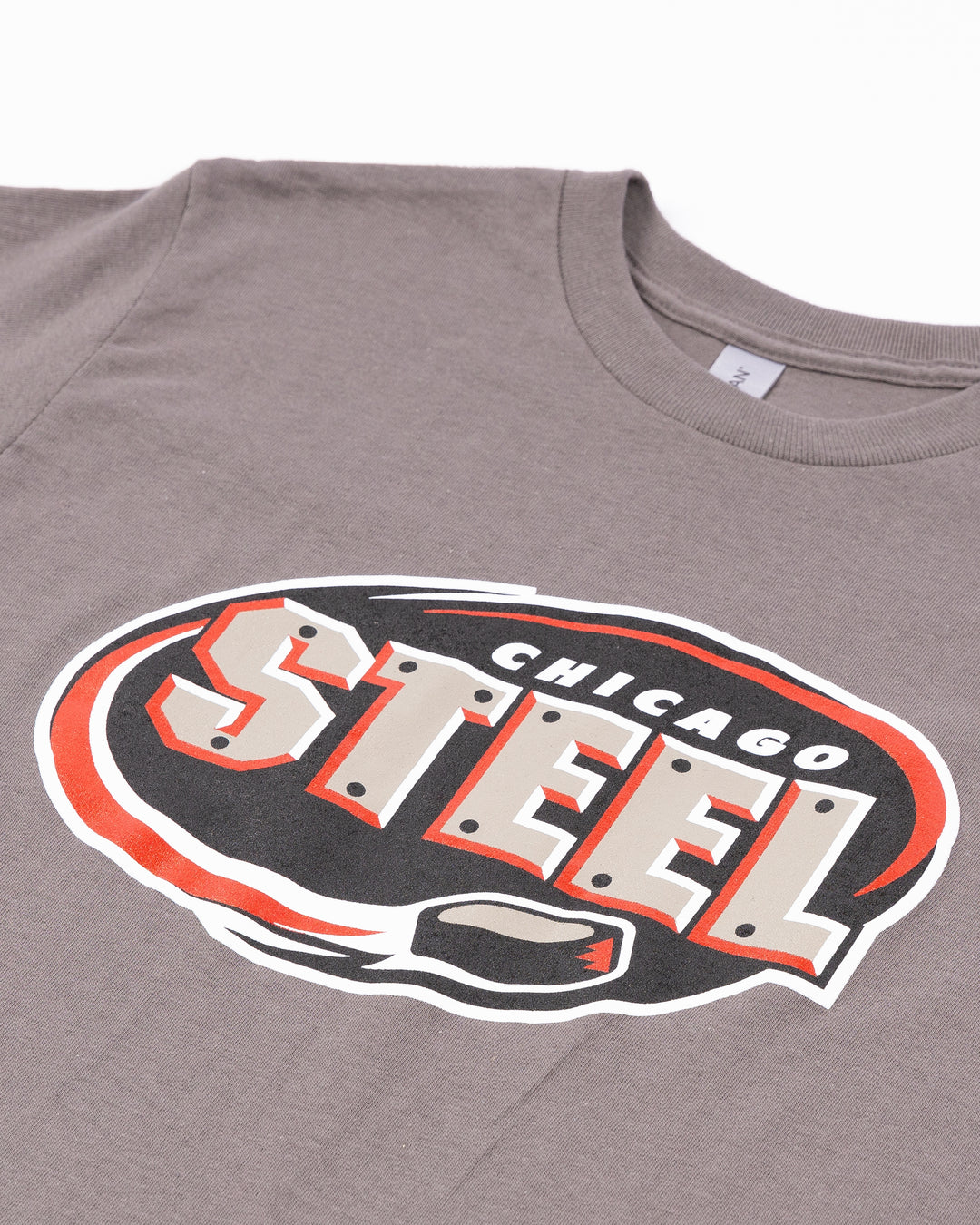 charcoal grey short sleeve tee with Chicago Steel logo across front - detail lay flat