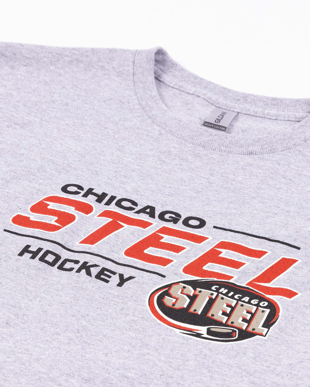 light grey short sleeve youth tee with Chicago Steel Hockey word graphic across front - detail lay flat