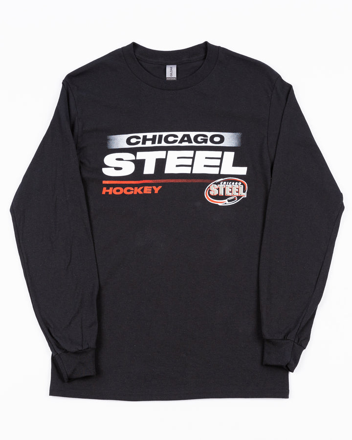 black long sleeve tee with Chicago Steel Hockey wordmark graphic and logo across front - front lay flat