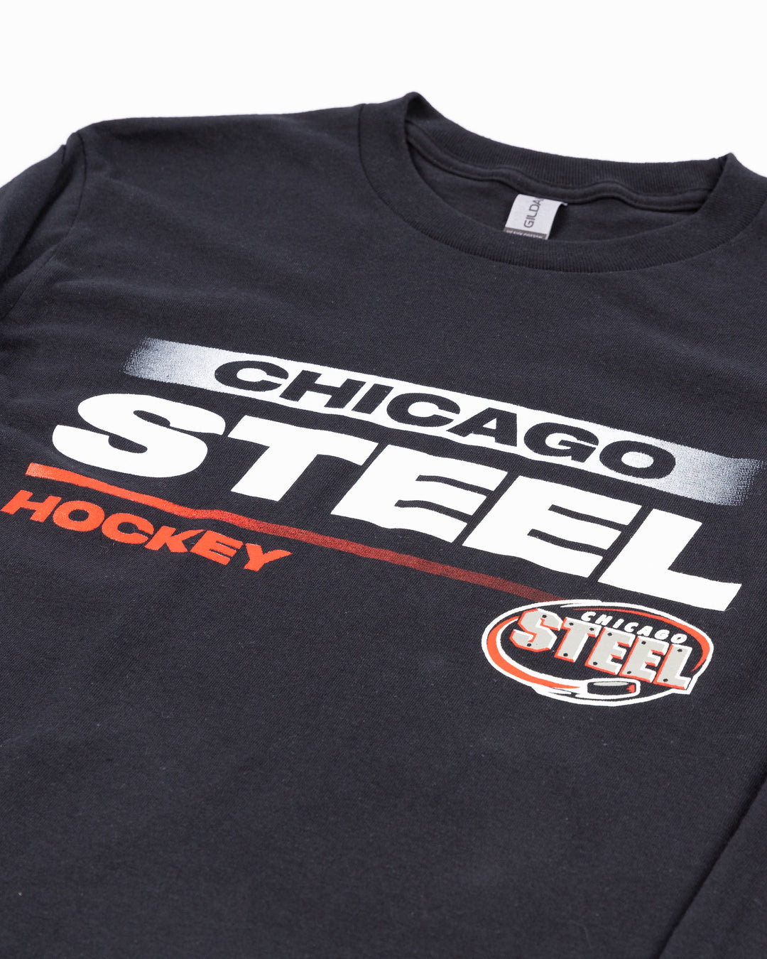 black long sleeve tee with Chicago Steel Hockey wordmark graphic and logo across front - detail lay flat