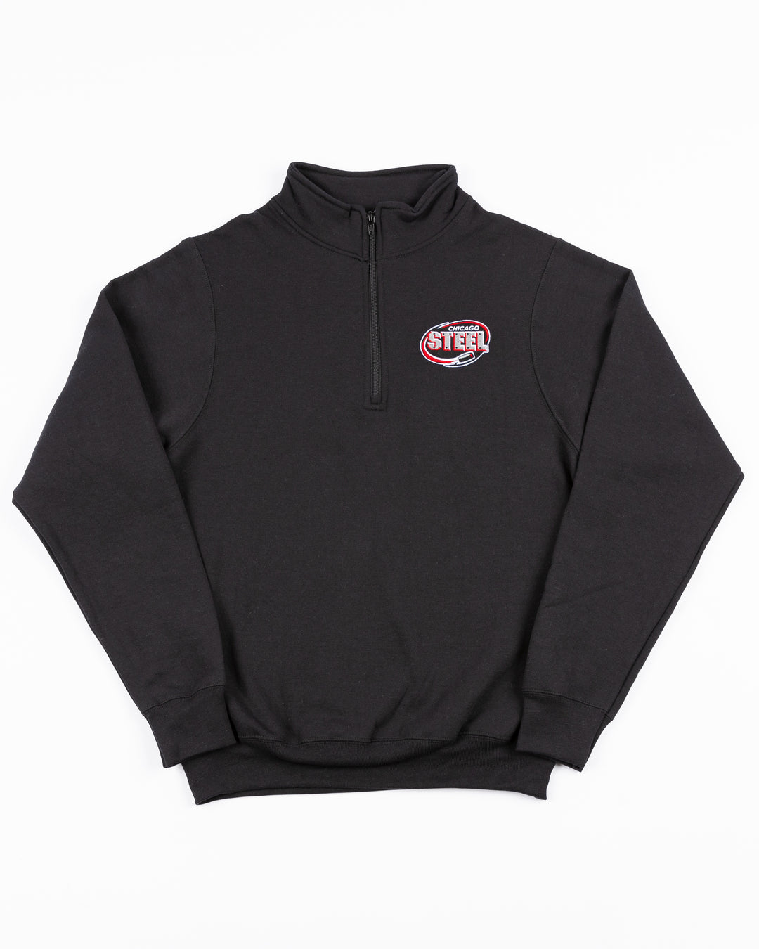 black quarter zip with Chicago Steel logo on left chest - front lay flat