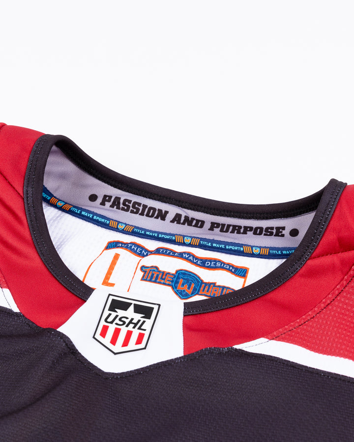 black Chicago Steel hockey jersey - neckline detail  lay flat