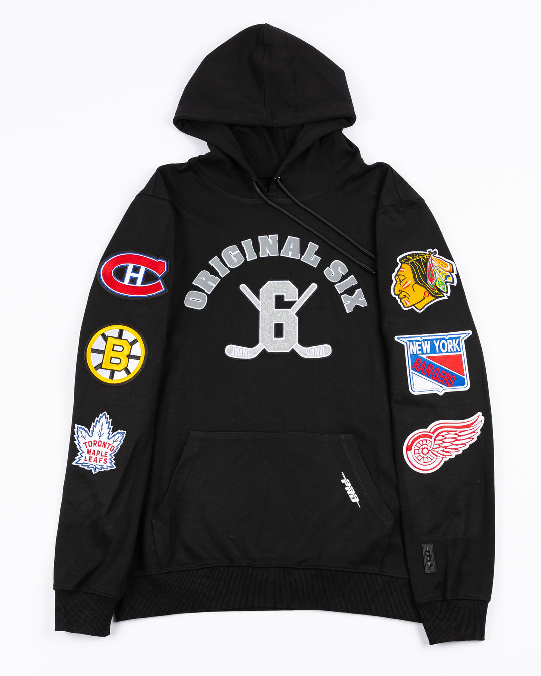 black Pro Standard Chicago Blackhawks hoodie with Original Six NHL team patches embroidered on arms - front lay flat