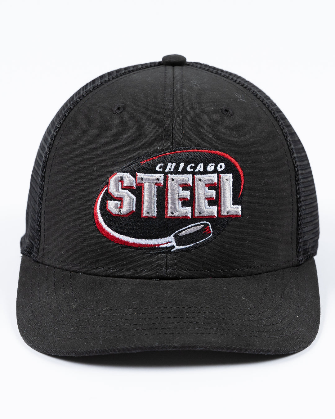 black on black adjustable trucker cap with embroidered Chicago Steel logo on front - front lay flat