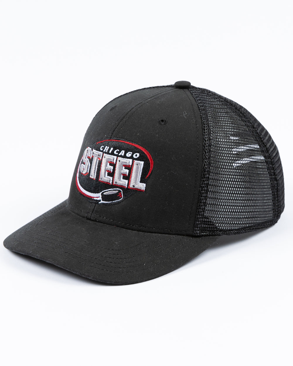 black on black adjustable trucker cap with embroidered Chicago Steel logo on front - left angle lay flat