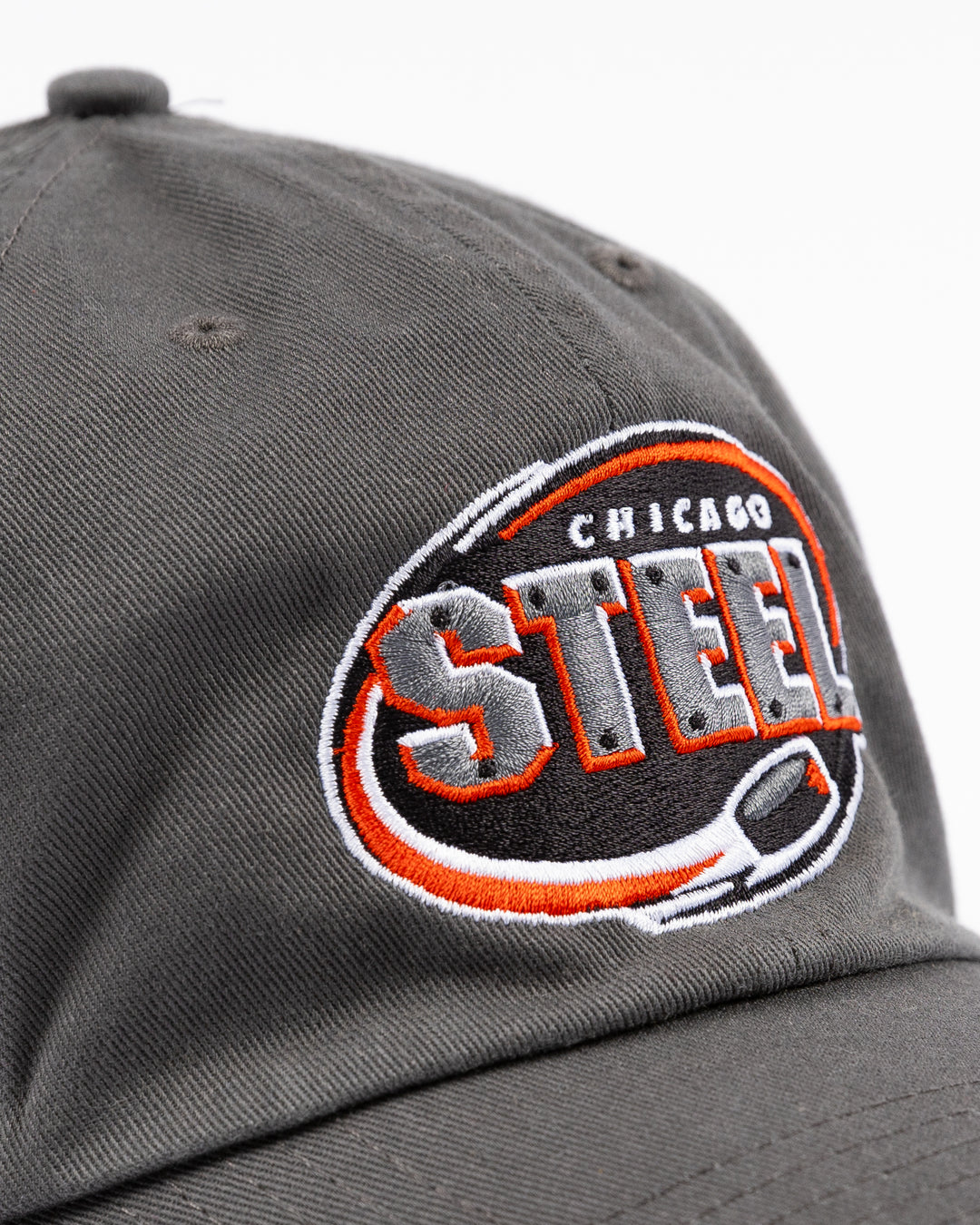 charcoal grey '47 brand clean up adjustable cap with embroidered Chicago Steel logo on front - front detail lay flat