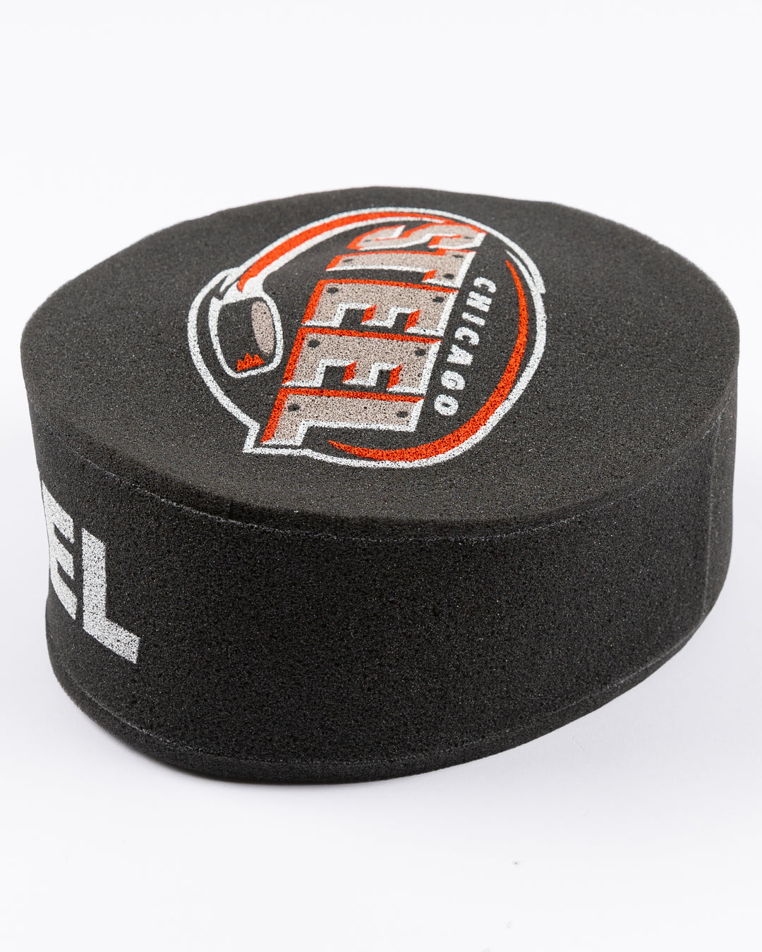 foam puck shaped hat with Chicago Steel logo and branding - alt angle lay flat