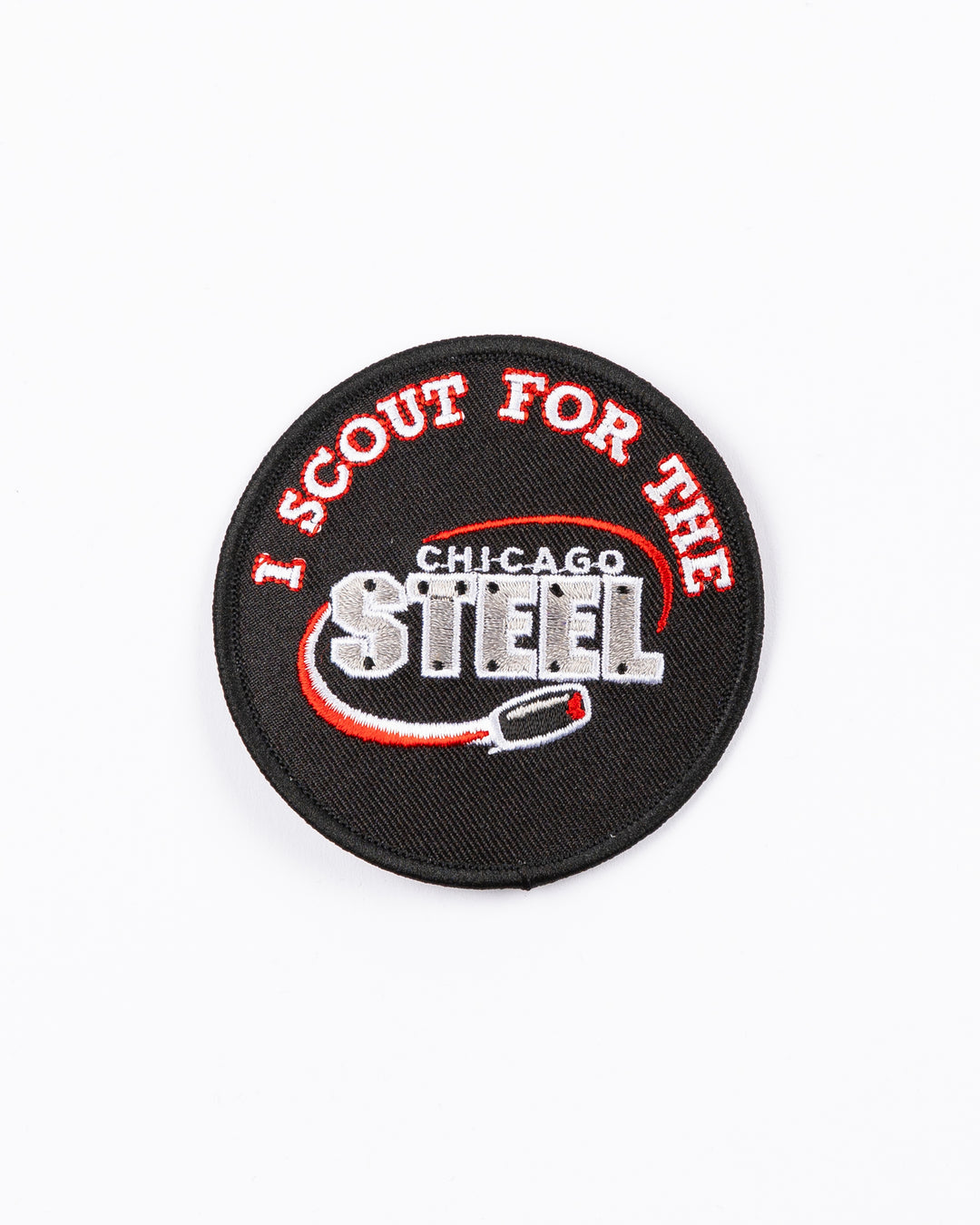 round black patch with Chicago Steel logo and "I Scout for the" embroidered - front lay flat