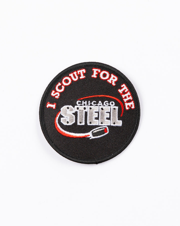 round black patch with Chicago Steel logo and "I Scout for the" embroidered - front lay flat