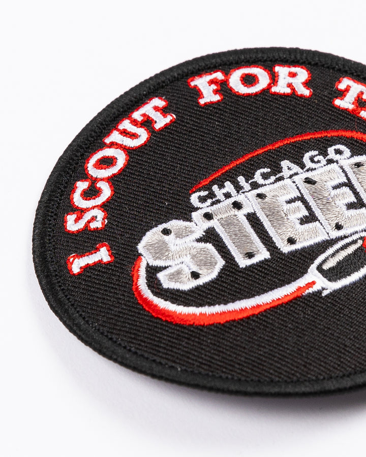 round black patch with Chicago Steel logo and "I Scout for the" embroidered - detail lay flat