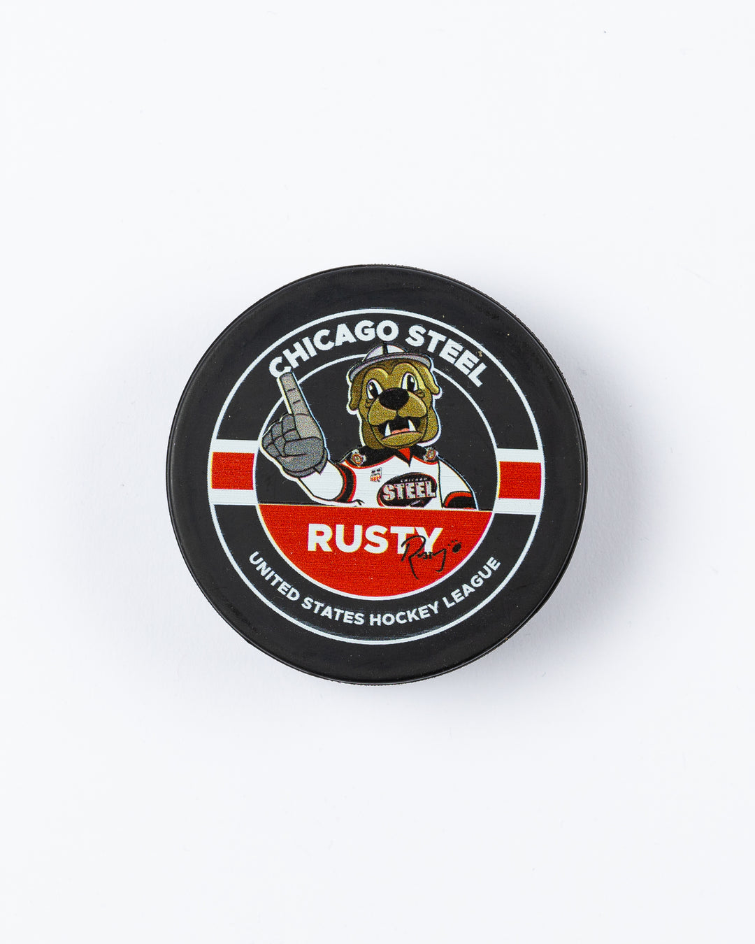 hockey puck with Chicago Steel mascot Rusty graphic on one side - front lay flat