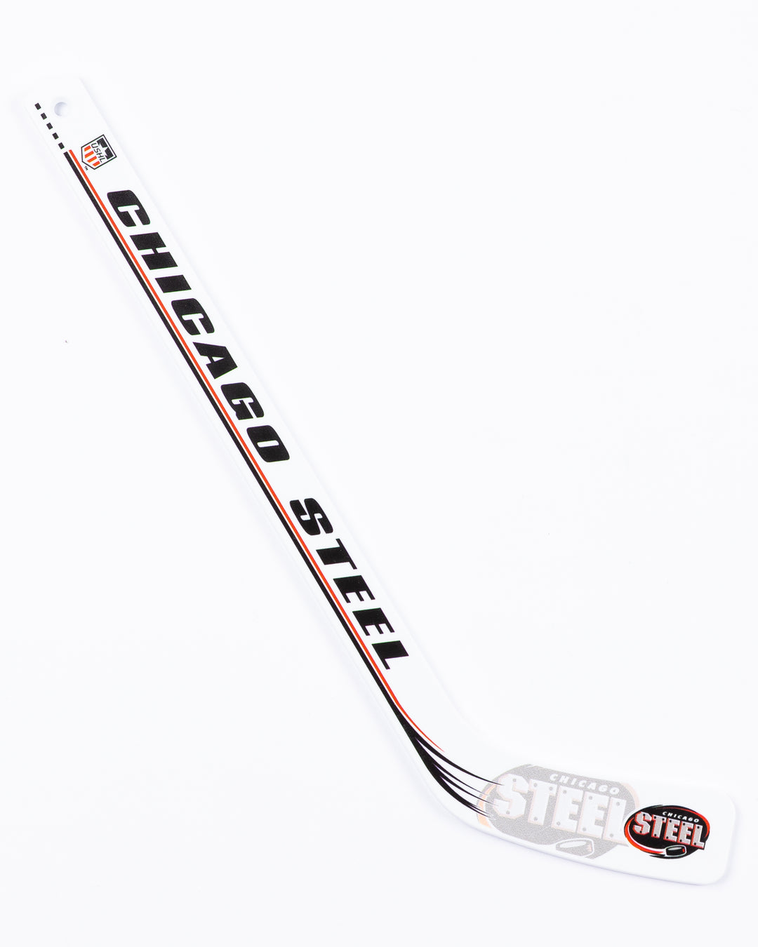 plastic mini player hockey stick with Chicago Steel graphics - front lay flat