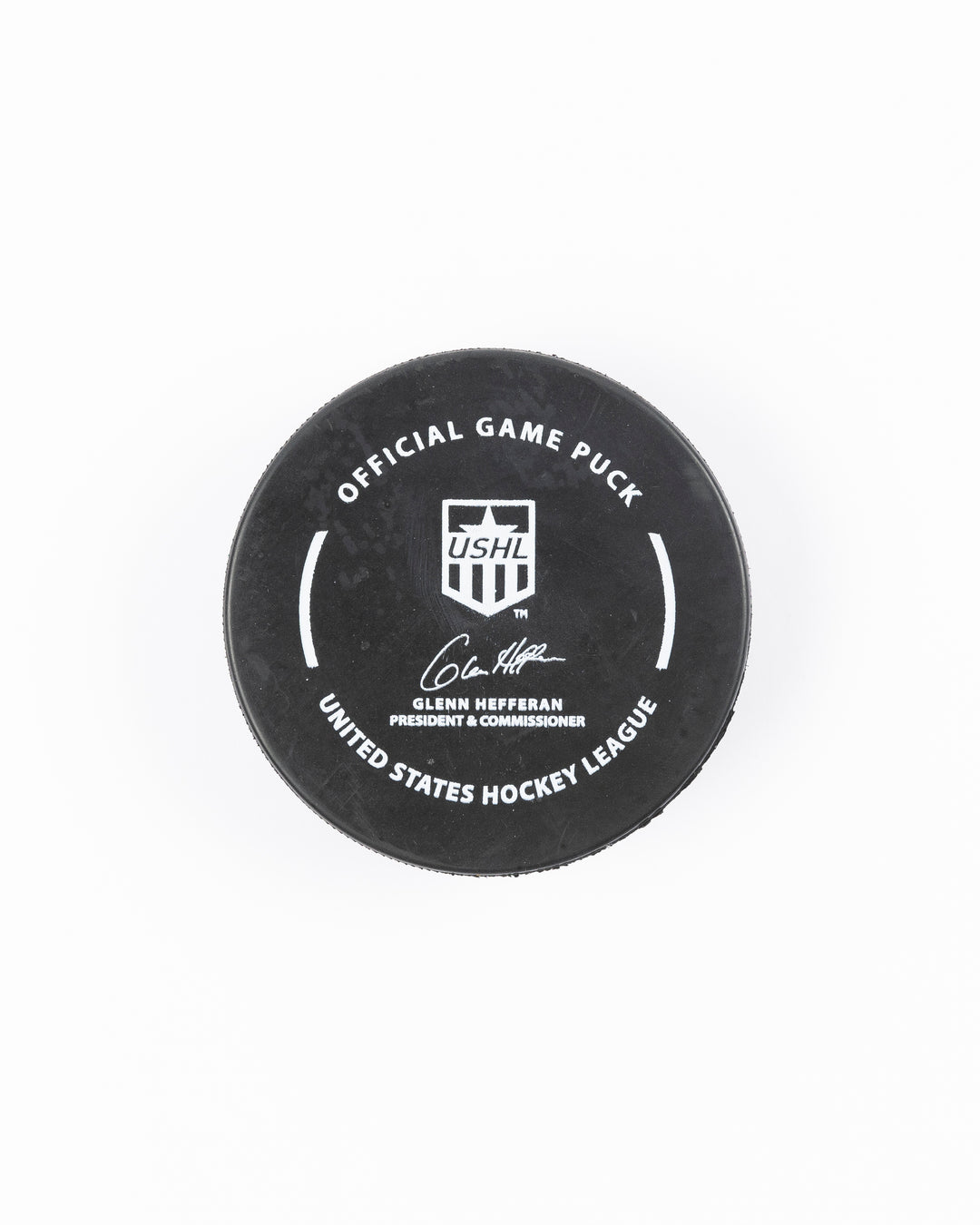 official 23-24 game puck of the Chicago Steel - back lay flat