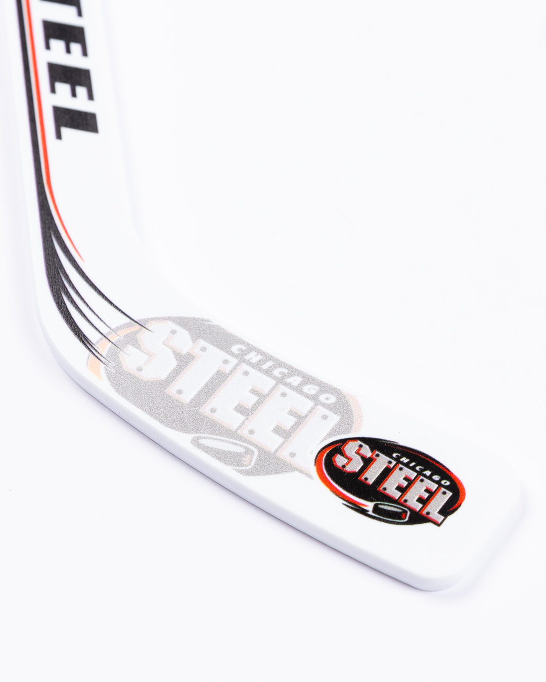 plastic mini player hockey stick with Chicago Steel graphics - detail lay flat