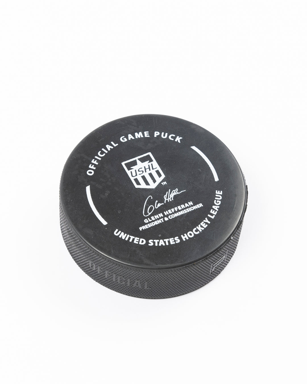 official 23-24 game puck of the Chicago Steel - angled back lay flat