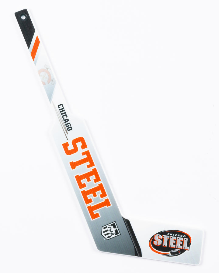 mini goalie hockey stick with Chicago Steel graphics - front lay flat