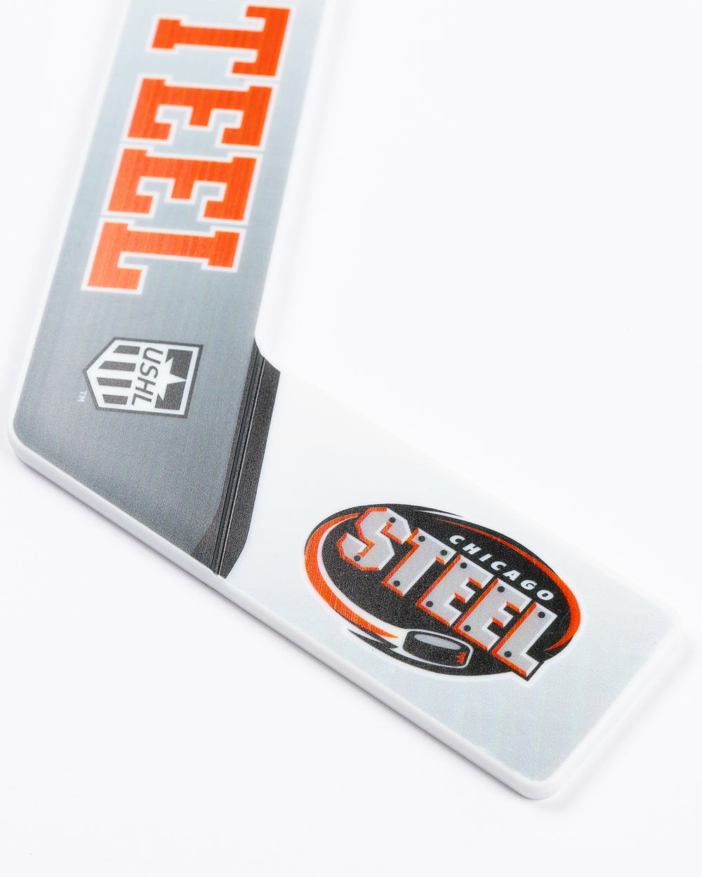 mini goalie hockey stick with Chicago Steel graphics - detail lay flat