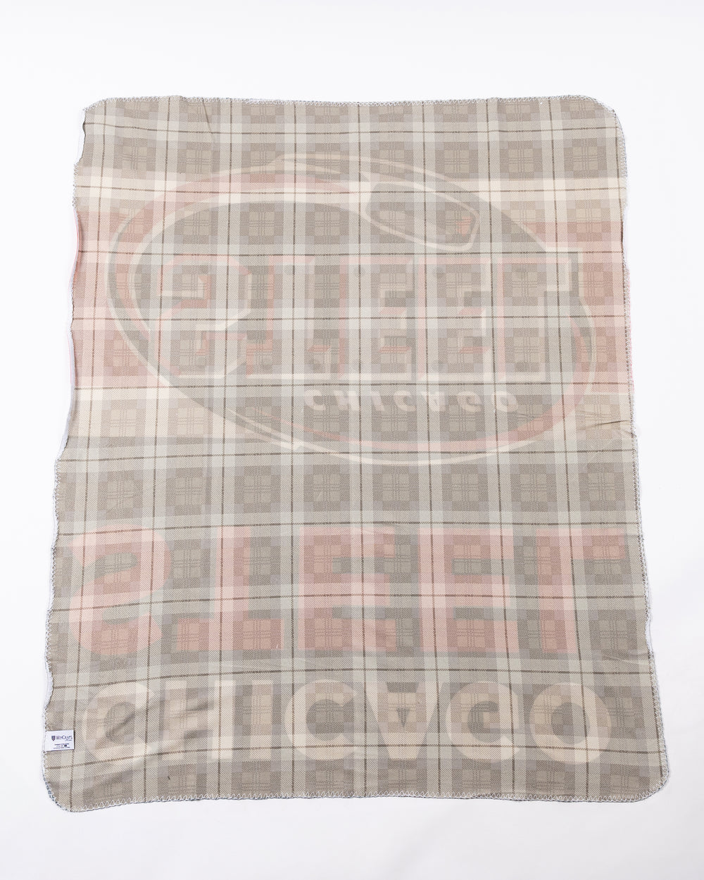 blanket with Chicago Steel branding and flannel pattern on back - back lay flat