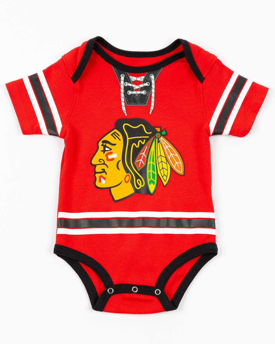 red Chicago Blackhawks hockey jersey inspired newborn onesie - front lay flat