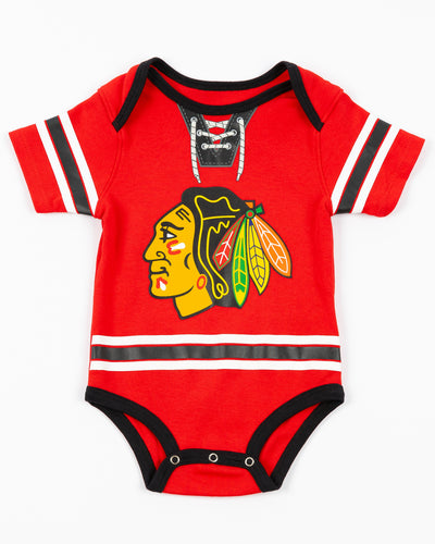 red Chicago Blackhawks hockey jersey inspired newborn onesie - front lay flat