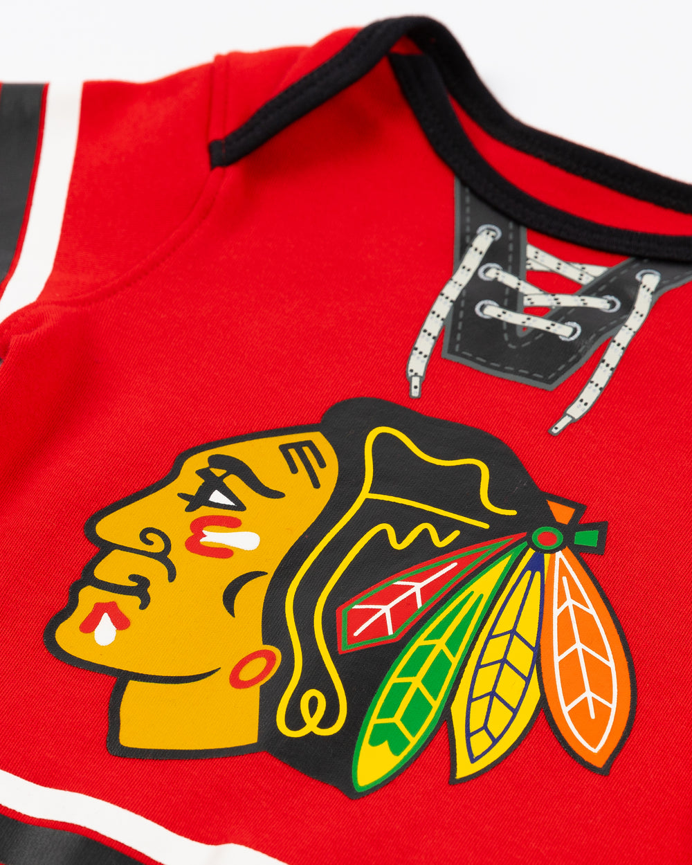 red Chicago Blackhawks hockey jersey inspired newborn onesie - detail lay flat