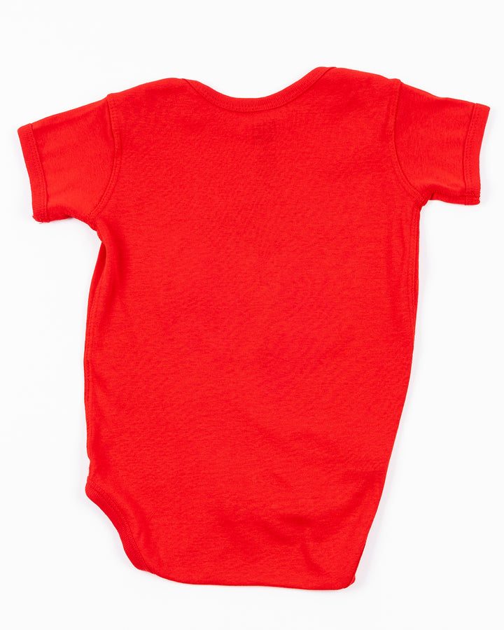 red Chicago Blackhawks newborn onesie with primary logo across front - back lay flat