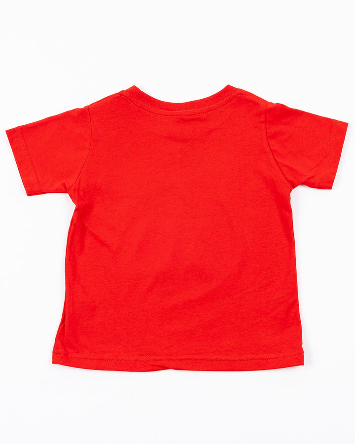 red short sleeve toddler tee with Chicago Blackhawks primary logo across front- back lay flat