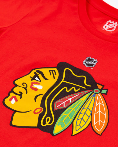 red Chicago Blackhawks short sleeve youth tee with primary logo across front - detail lay flat