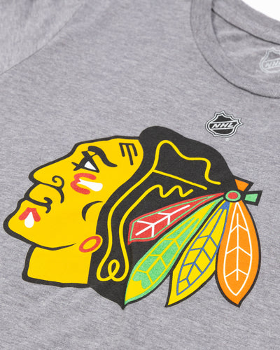 youth heather grey triblend short sleeve tee with Chicago Blackhawks primary logo across front - detail lay flat