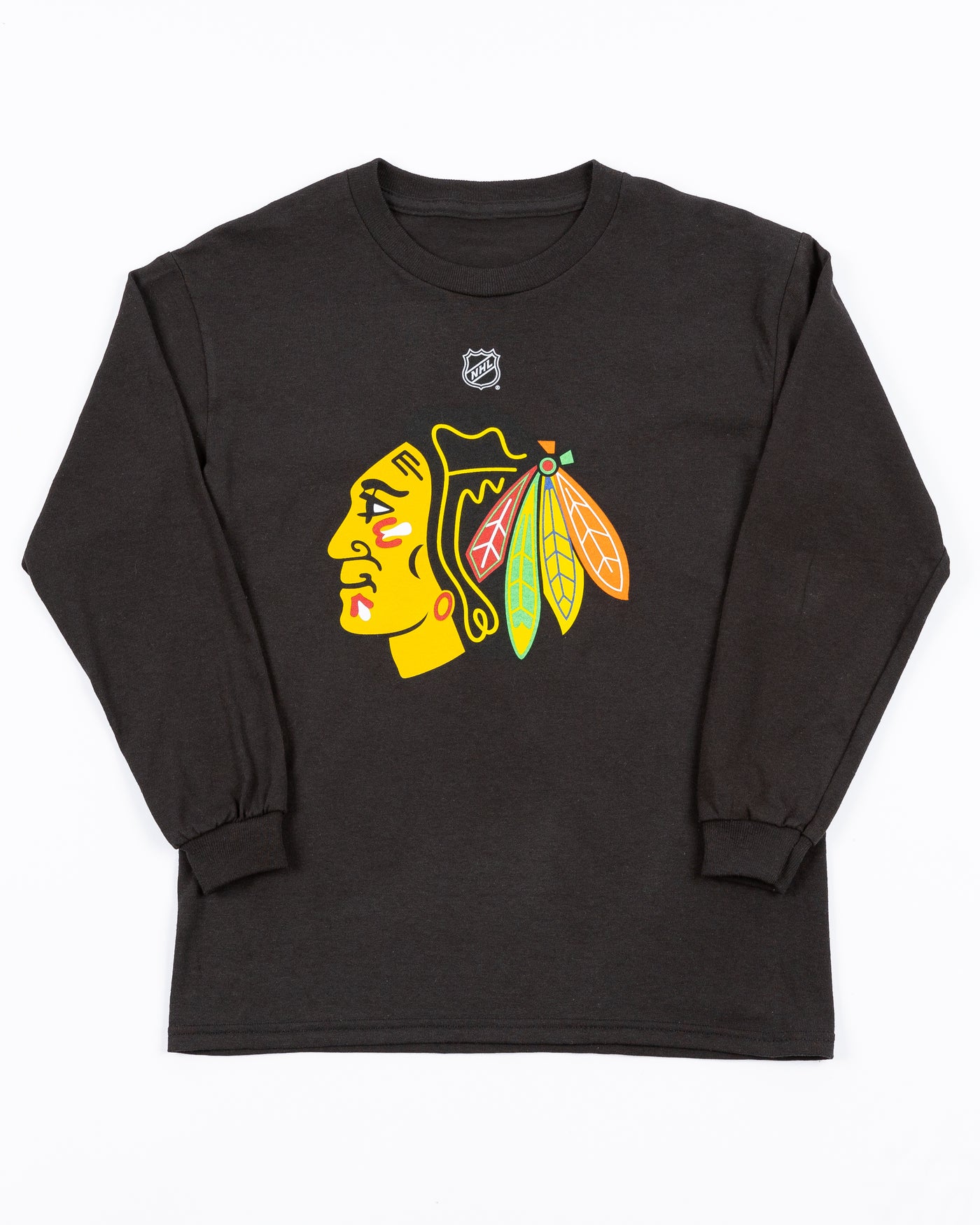 black Chicago Blackhawks youth long sleeve tee with primary logo across front - front lay flat