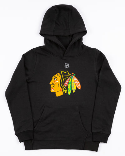 black youth Outersuff hoodie with Chicago Blackhawks primary logo across front - front lay flat