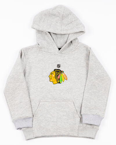 grey kids Chicago Blackhawks hoodie with primary logo across front - front lay flat