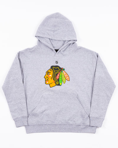 youth grey hoodie with Chicago Blackhawks primary logo across front - front lay flat
