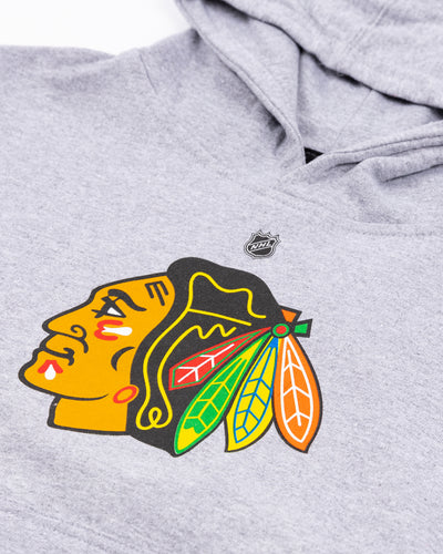 youth grey hoodie with Chicago Blackhawks primary logo across front - detail lay flat