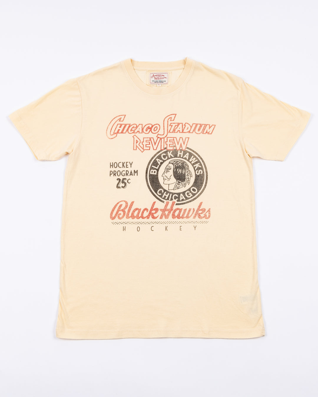 cream vintage wash short sleeve American Needle tee with vintage Chicago Blackhawks graphic across front - front lay flat