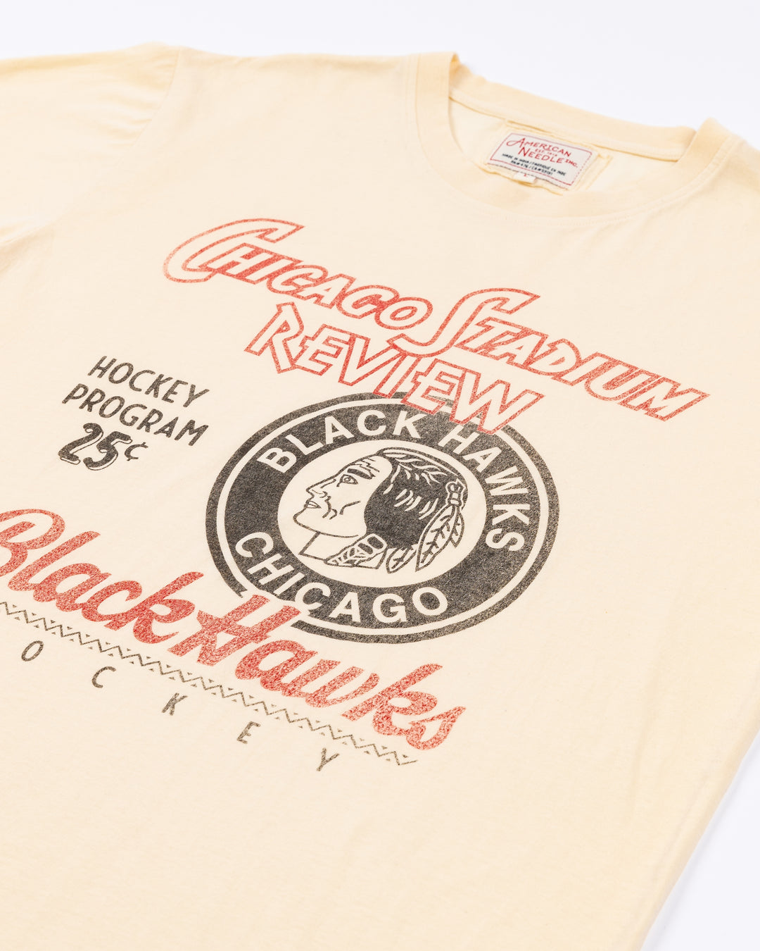 cream vintage wash short sleeve American Needle tee with vintage Chicago Blackhawks graphic across front - front detail lay flat