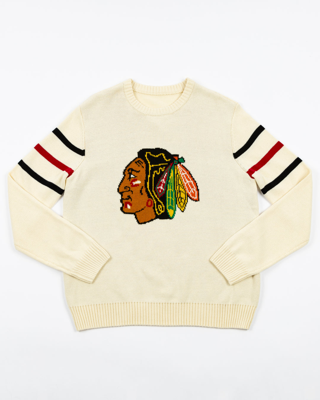 knitted ivory American Needle crewneck sweater with Chicago Blackhawks primary logo on front and stripe detailing on sleeves - front lay flat