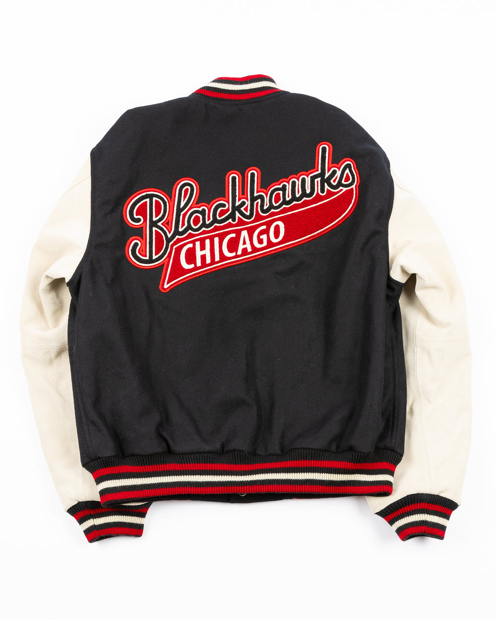 American Needle letterman jacket with Chicago Blackhawks patches throughout - back lay flat