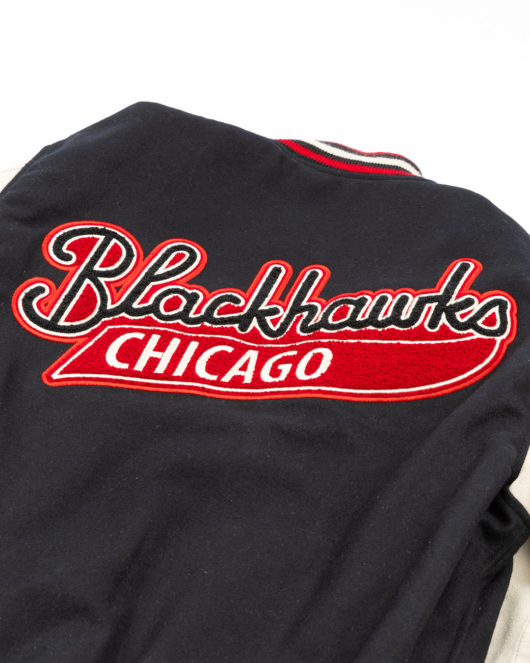 American Needle letterman jacket with Chicago Blackhawks patches throughout - back detail lay flat