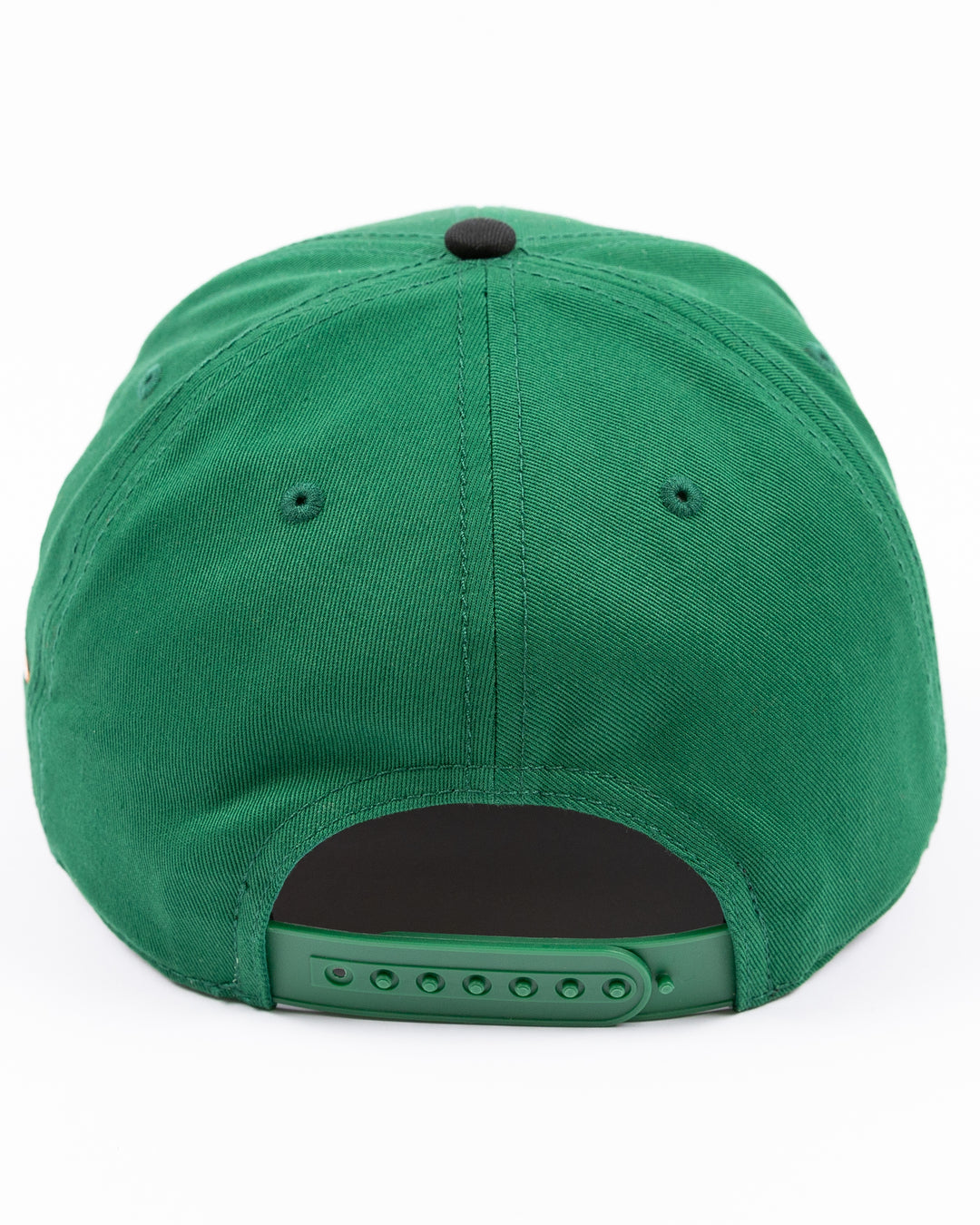 American Needle Roscoe snapback cap in green and black with upside down Chicago wordmark on front and Chicago Blackhawks primary logo on left side - back lay flat